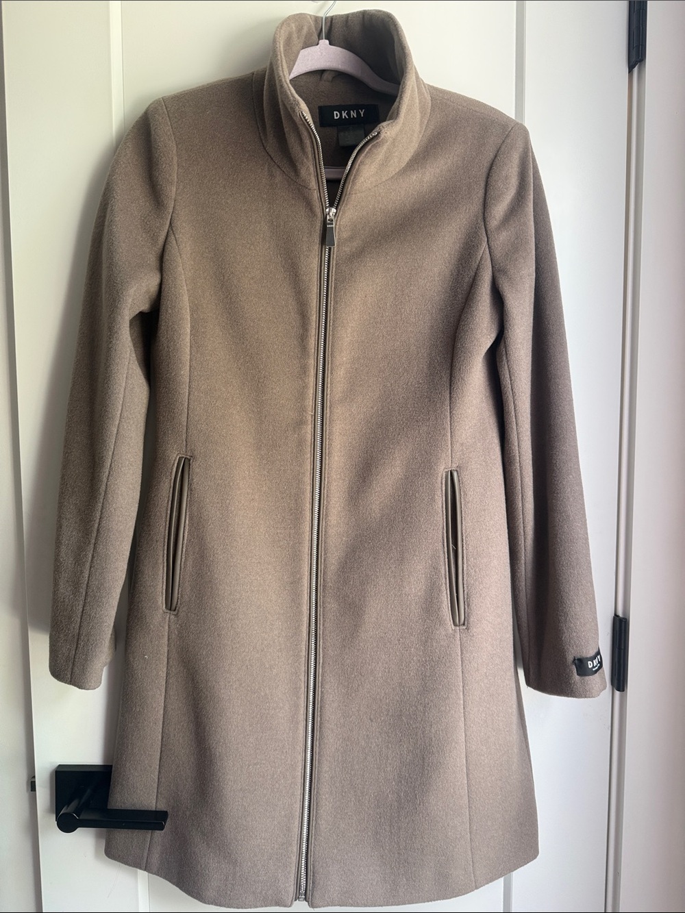 DKNY Taupe Long Zip-Front Coat
